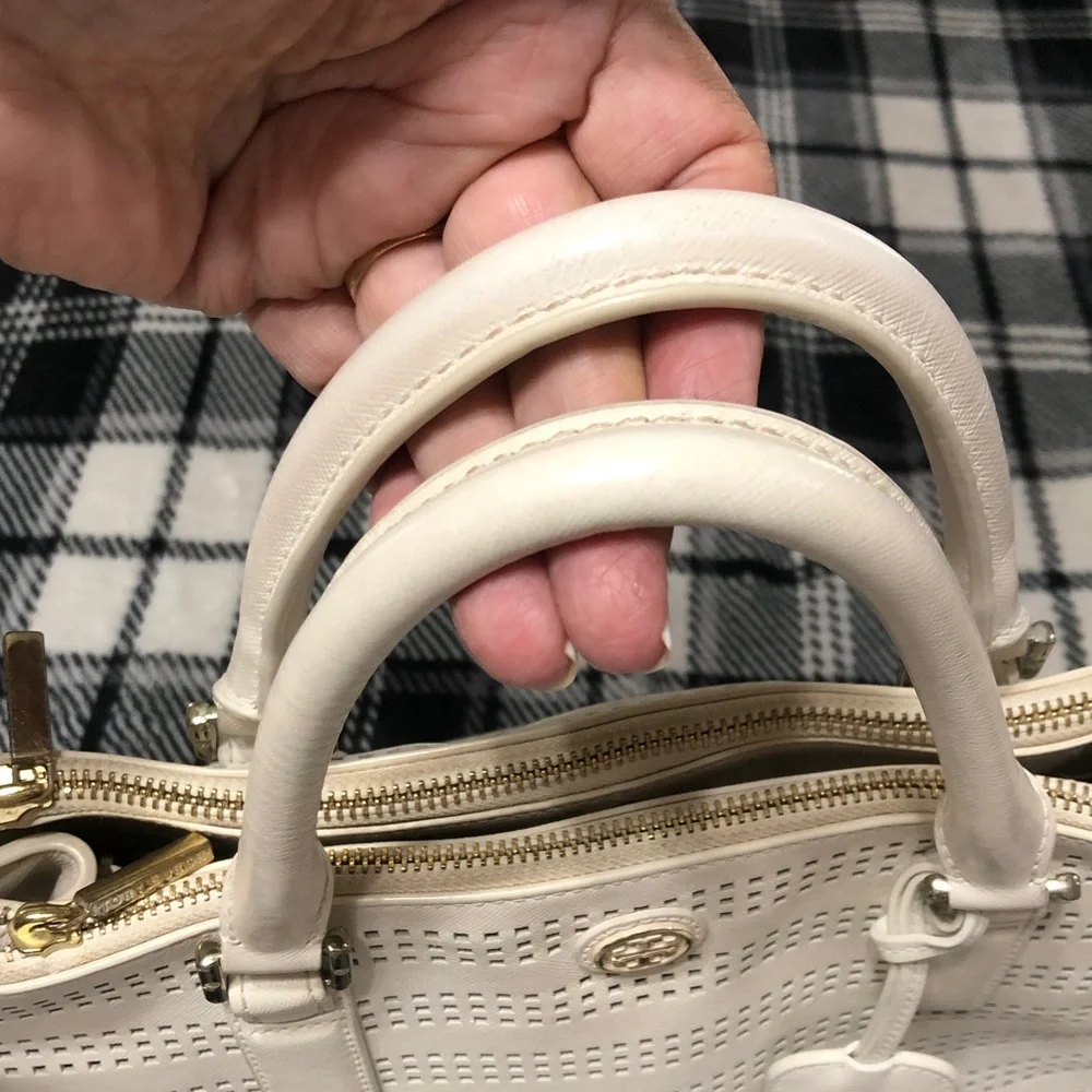 Tory Burch White Perforated Leather Tote with Gold Logo